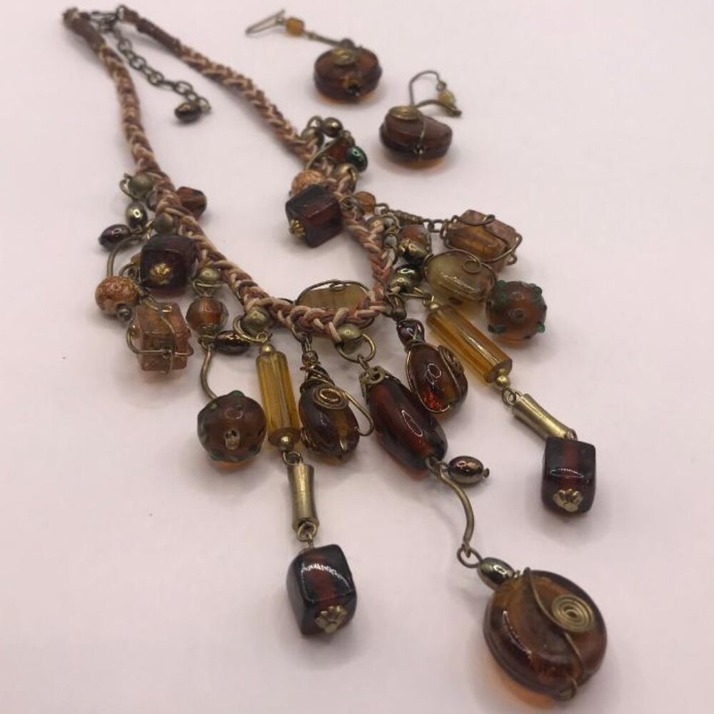 Antique Gold-Tone & Braided Glass Bead Necklace & Earrings Set - Picture 5 of 10